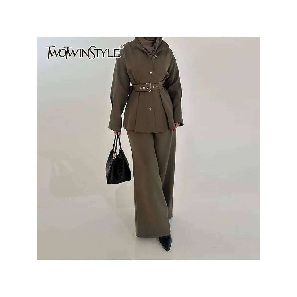 Solid Two Piece Set For Women Lapel Long Sleeve Spliced Belt Coat High Waist Pant Temperament Sets Female Clothes