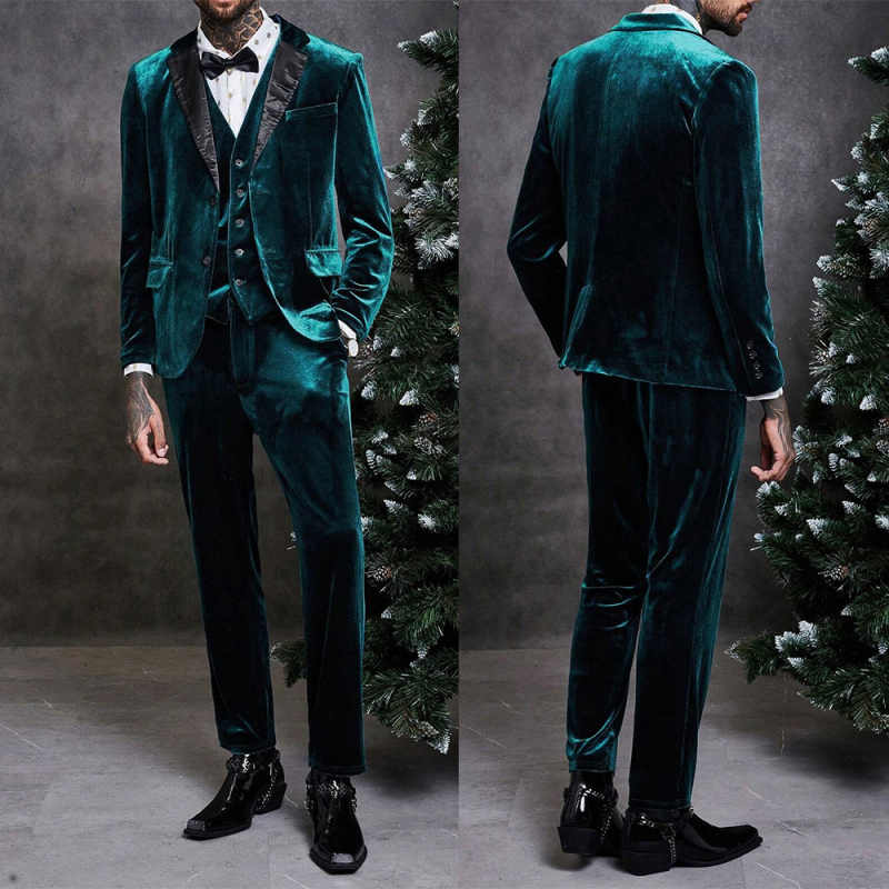 Green Velvet Mens Tuxedos Formal 3 Pieces Groom Holidays Party Prom Customized Jacket Pants Sets 2 Pieces