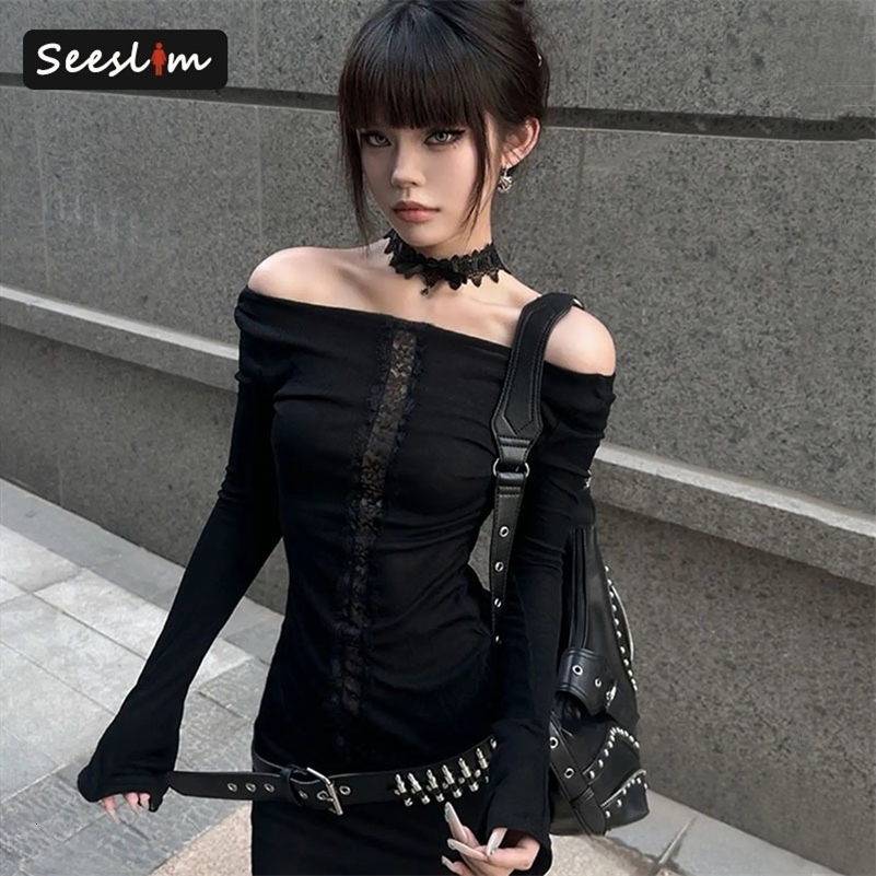 Seeslim Womens T-shirt 2000s Clothes Y2k Korean Fashion Long Sleeve Sweet Tees Female Goth Skinny Hollow Out Off Shoulder 250725