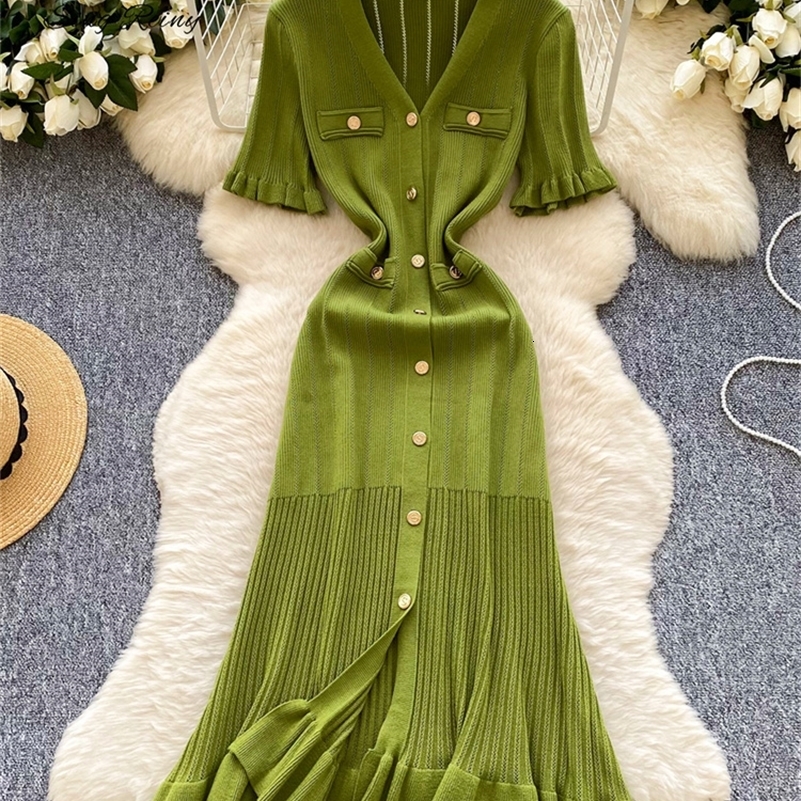 Womens Summer OL Knit Dress V Neck Button Slim Mermaid Sundress Fashion Elastic Solid Bohemian Long Dress 250725