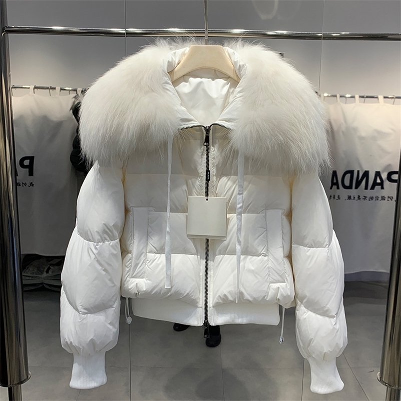 Winter Puffer Jacket for Women Thick Warm Short Parka Natural Raccoon Fur Loose 90% White Duck Down Coat 250724
