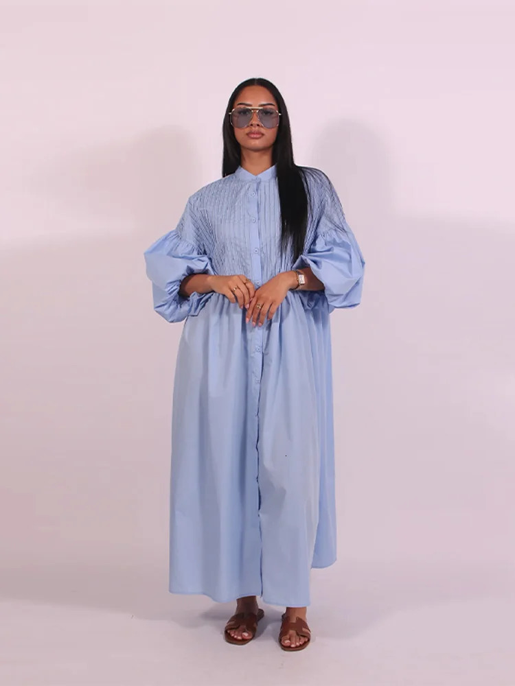 Lantern Sleeve Elegant Pleated Long Dress Women Oversize Single Breasted Solid O-neck Casual Summer Dresses 2025 Street Robe 250728