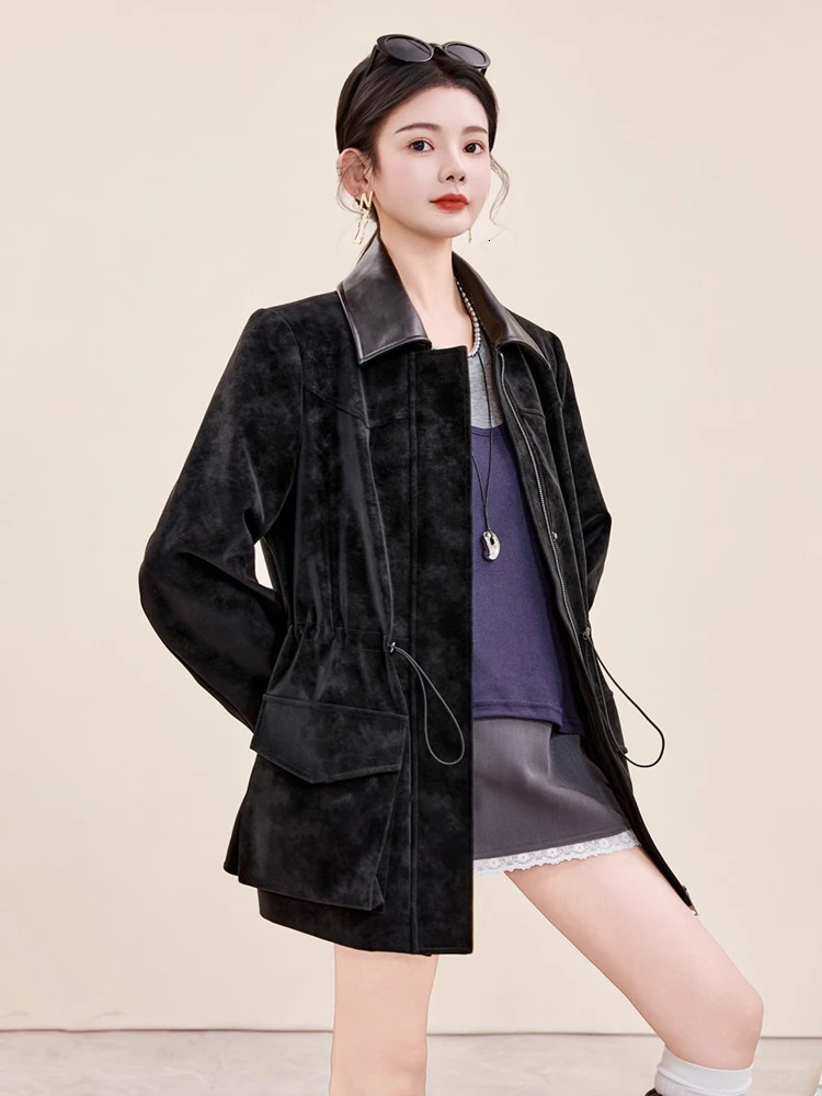 Women Suede Trench Coat Autumn Winter Jacket Faux Suede Drawstring Waist Long Outerwear Elegant Utility Style with Flap Pockets 250725