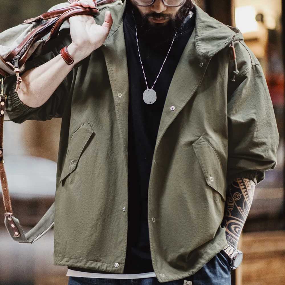 Maden Vintage Green M51 Hooded Jacket Loose Fishtail Short Overcoat Mens Versatile Outerwear with Hidden Button Placket Pockets XJ250801