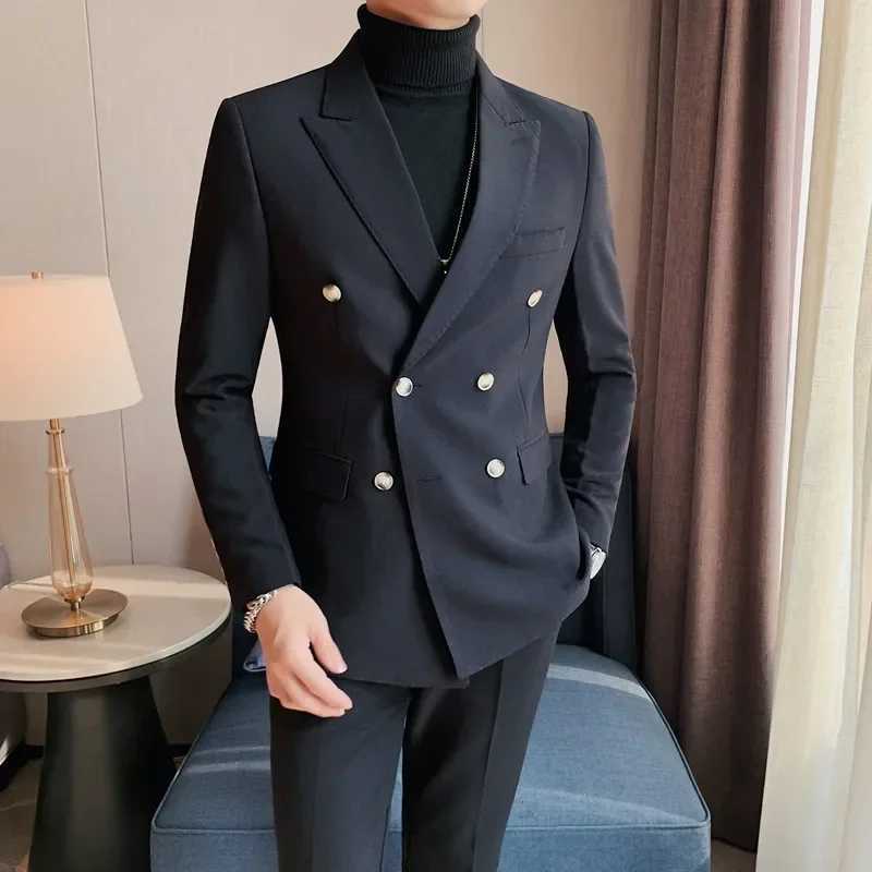 Autumn British Style Slim Fit Double Breasted Blazer Men 2024 New Business Casual Suit Coats Male Office Wedding XJ250801