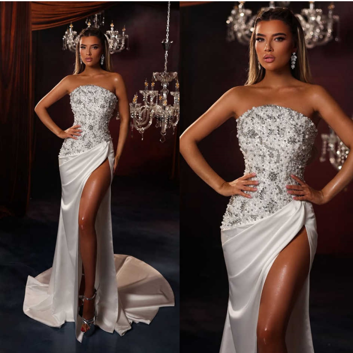 Luxury Wedding Dress Mermaid Gowns Strapless Sleeveless Sparkling Sequins Pearls Lace Floor-Length Formal Bridal Gowns Plus Size Customized Vestido
