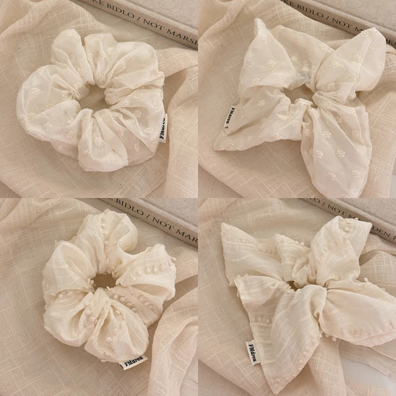 Cotton Linen Embroidered Scrunchies Beige Large Intestine Hair Ring Mori Fairy Style Ponytail Hair Rope Simple Hair Accessories 250729