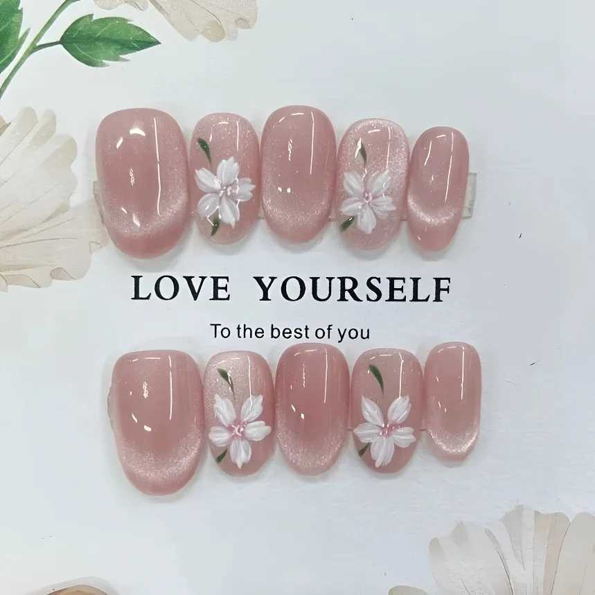 10pcs High-end Hand-painted Pink Cats Eye Flowers Handmade Fake Nails Pink Short Nail Decoration Patches for Girls Z250801-image-1069382457