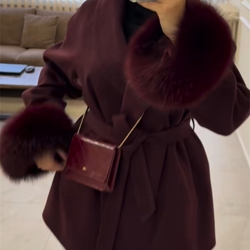 Elegant OL Office Lady Overcoats Fur Patchwork Long Sleeve Woolen Coat Beautiful Womens Clothing Jacket for Autumn and Spring 250724CJ