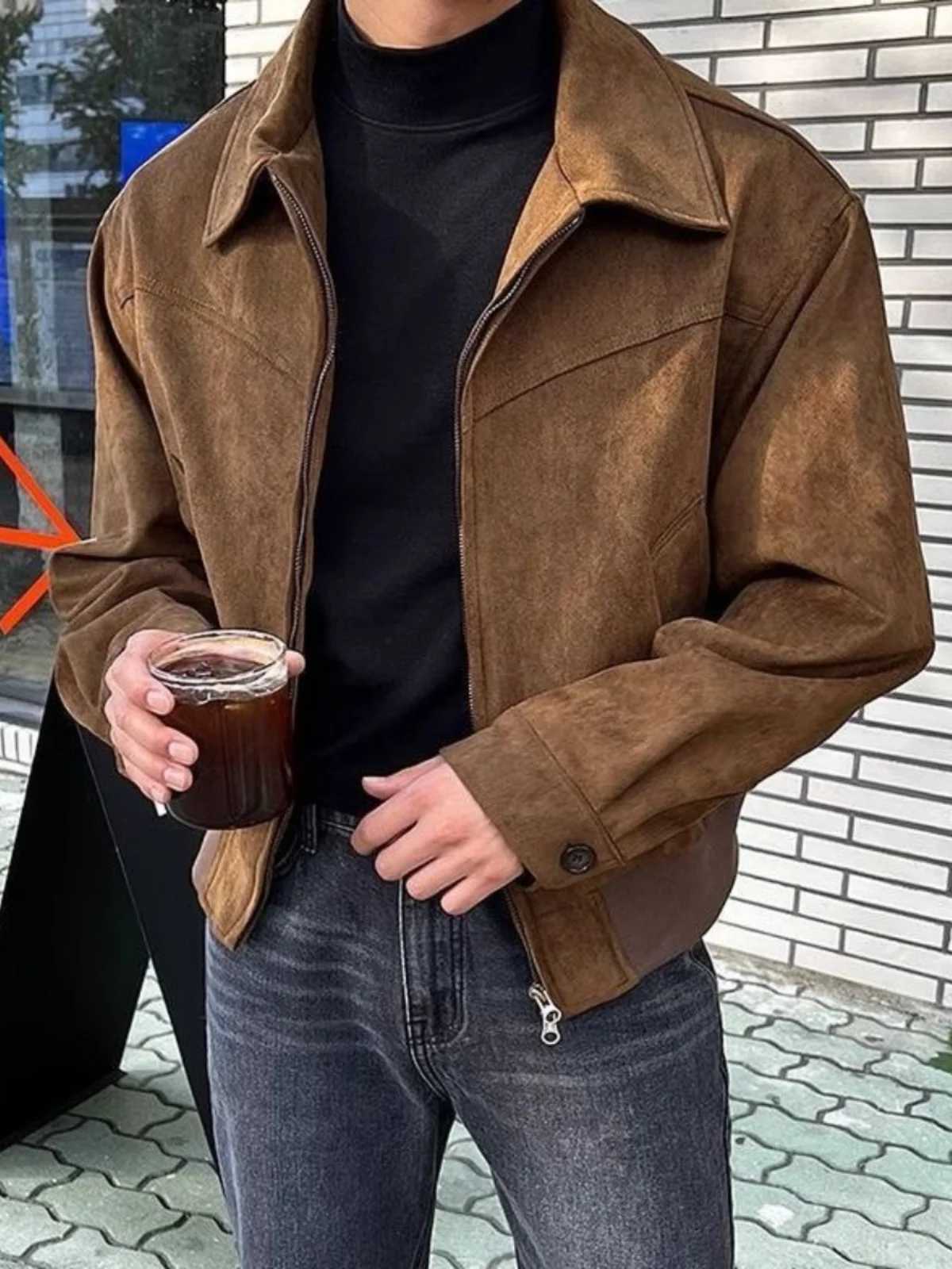 Retro Korean Sle Mens Jacket Spring Autumn Suede Short Top Fashionable Durable Polyester Motorcycle Coat Youth Trendy XJ250801