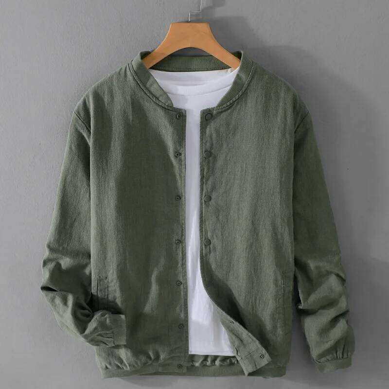 Spring Autumn Clothing Cotton And Linen Men's Jacket, Simple Stand Collar Casual Loose Travel Camping Top MDNG