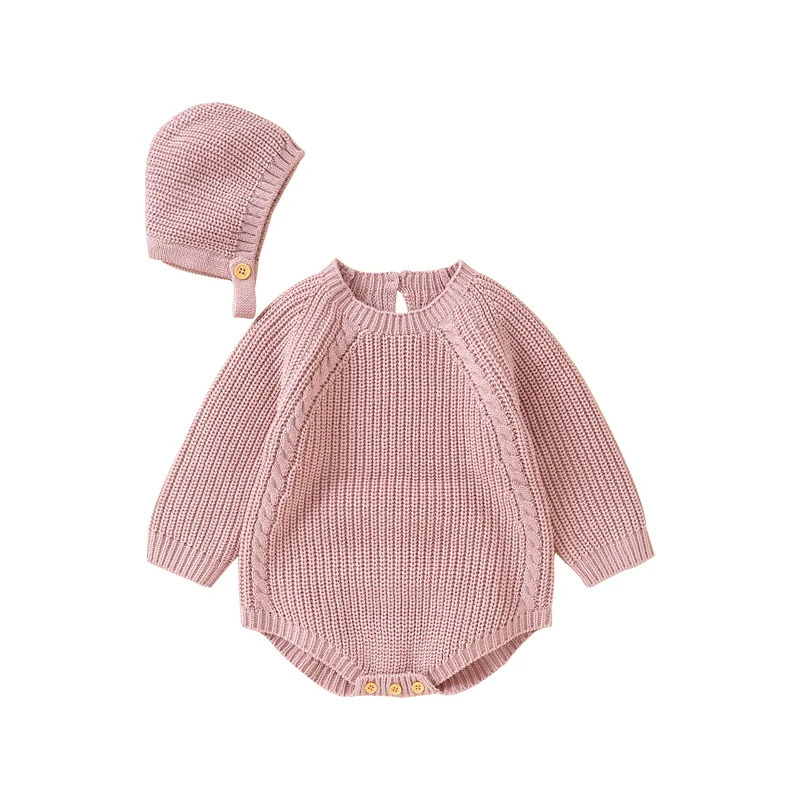 Autumn Baby Bodysuits Clothes Winter Solid Long Sleeve Knit born Boys Girls Onesie Hats Outfits 0-18m Infant Netural Costumes 250731