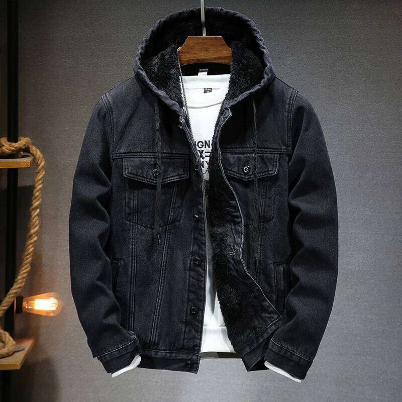 Winter Young Fleece Thick Thermal Jacket Fit Trend Casual Hooded Men's Denim Top MDNG