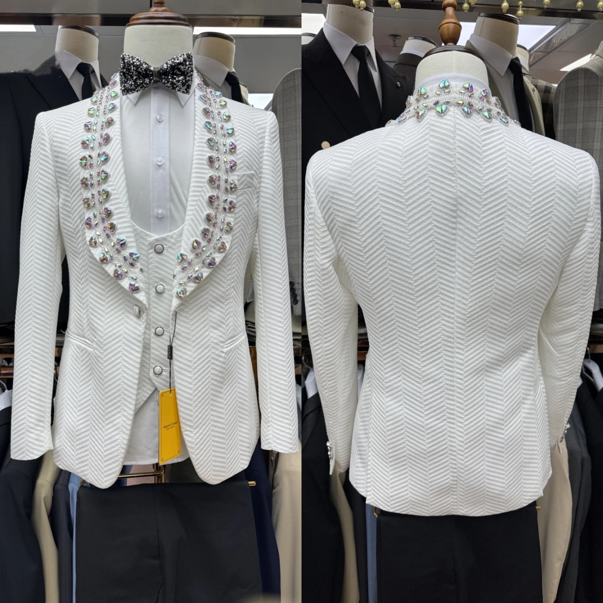 Elegant Men Suits Crystal Tailor-Made 3 Pieces Shawl Lapel Jacket Beading Blazer One Button Groom Groomsman Customized Coat Vest Pants Plus Size