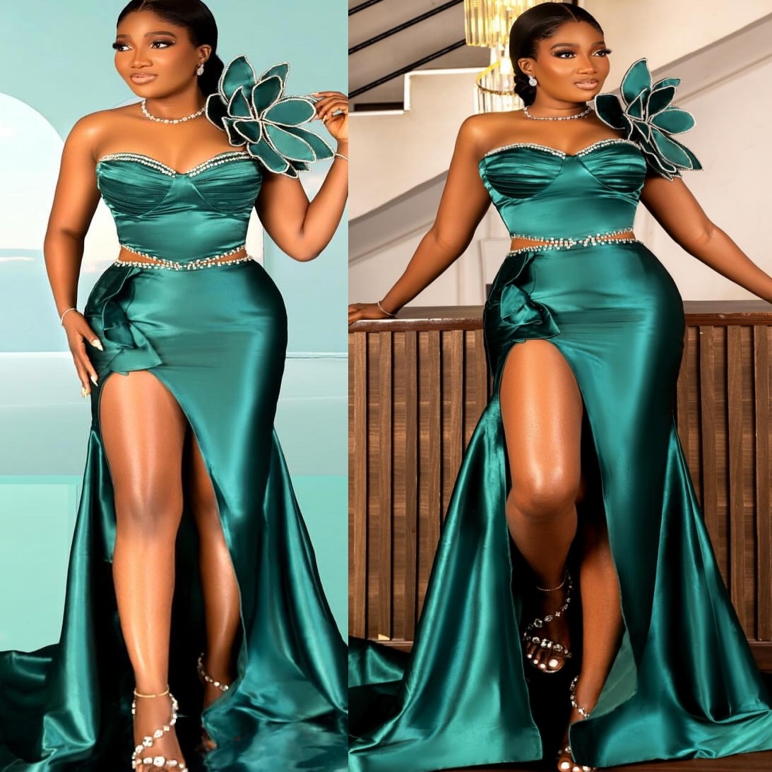 Hunter Green Mermaid Prom Dresses 2025 Flowers Beaded Satin Evening Formal Party Second Birthday Engagement Gowns Plus Size Dress For Special Occasi