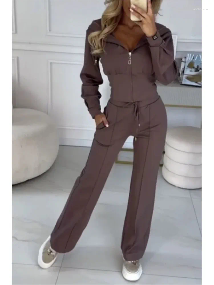 Women's Two Piece Pants Autumn And Winter Hooded Zipper Jacket Tight Solid Color Two-piece Sets Women Fashion Casual Wide Leg 2 Set
