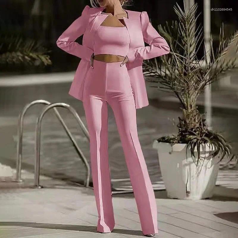 Women's Two Piece Pants 3 Sets Women Suit Jacket Strapless Top Straight Ensemble 2025 Office Lady Solid Coat Floor Length Trousers Outfits