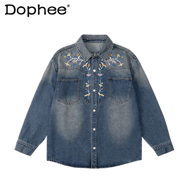 Autumn American Style Retro Floral ed Denim Jacket Men Women Loose Tops Lapel Handsome Long Sleeve Coats 250801