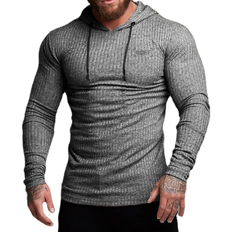 Thin Running Sports Hooded Tshirt Mens Knitted Strips Slim Fit Pullover Gym Bodybuilding Fitness Autumn Winter Quick Dry Shirt 250731