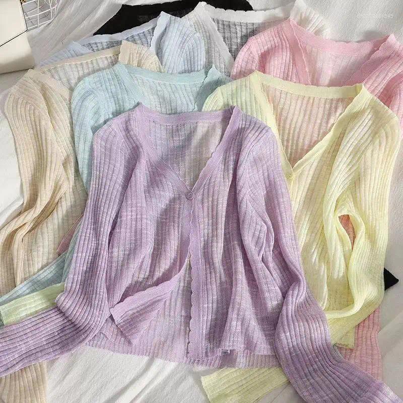 Women's Sweaters V Neck Lace Trim Knit Sweater For Women Summer Thin Korean Style Slimming Solid Color Elegant Cardigan Sweet Top