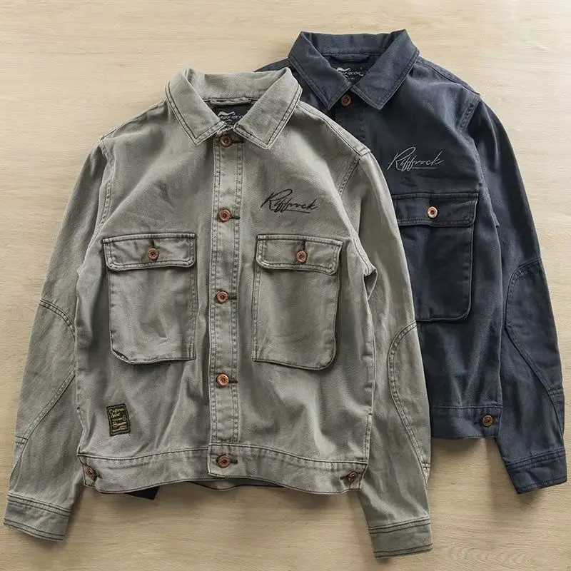 Mens Short Jacket Coat Autumn Cotton Turn-down Collar Vintage Casual Workwear Jacket with Textured Embroidery Cargo Jacket XJ250801