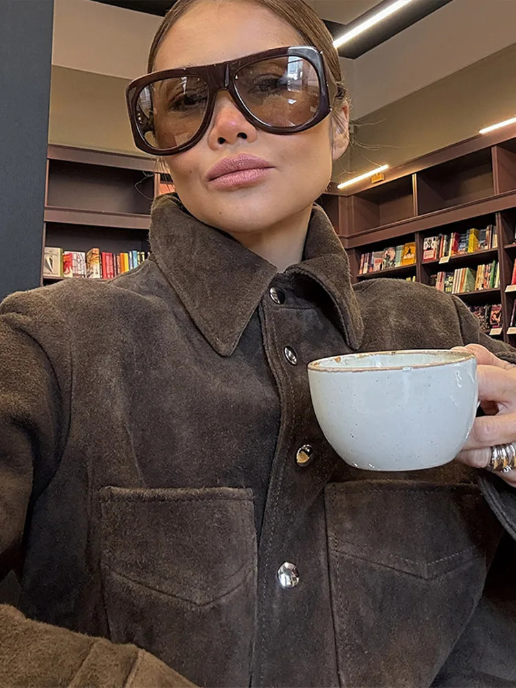 Brown Single Breasted Jacket Women Vintage Suede Lapel Pockets Short Jackets Female Versatile Spring Chic Streetwear 250725