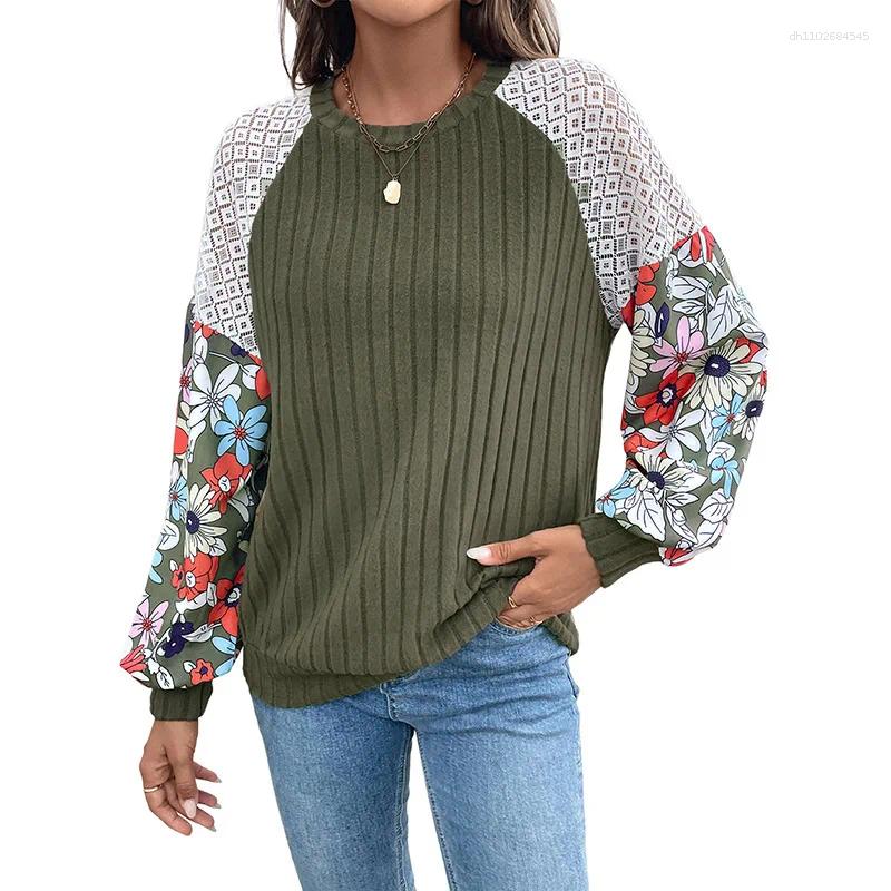 Women's Sweaters Knitted Top Round Neck Flower Pattern Color Block Sweater Women
