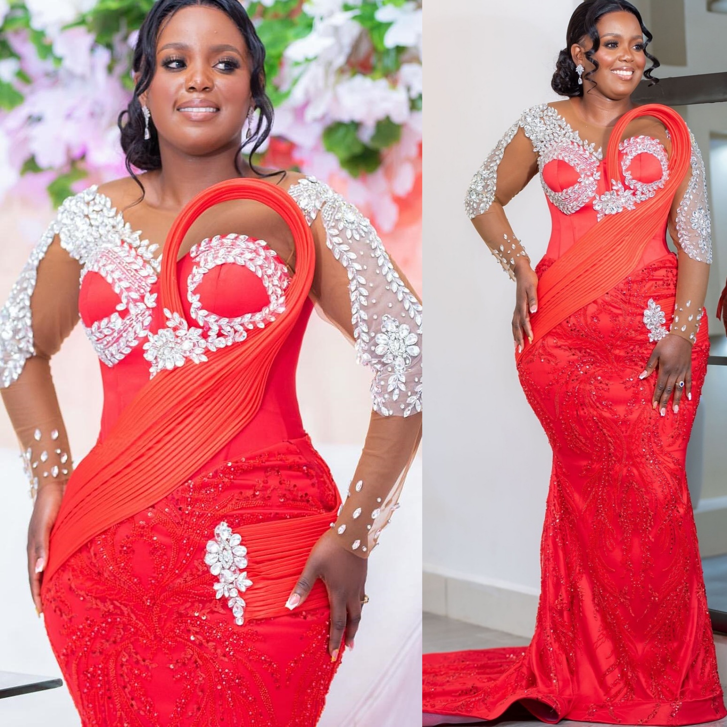 Red Mermaid Prom Dresses 2025 Lace Crystals Full Sleeves Vintage Evening Formal Party Second Birthday Engagement Gowns Plus Size Dress For Special O