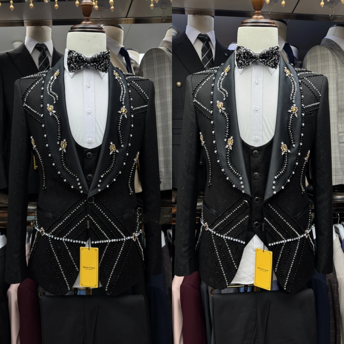 Fashion Men Suits Tailor-Made 3 Pieces Shawl Lapel Jacket Jacquard Rhinestone Blazer One Button Groom Customized Coat Vest Pants Plus Size