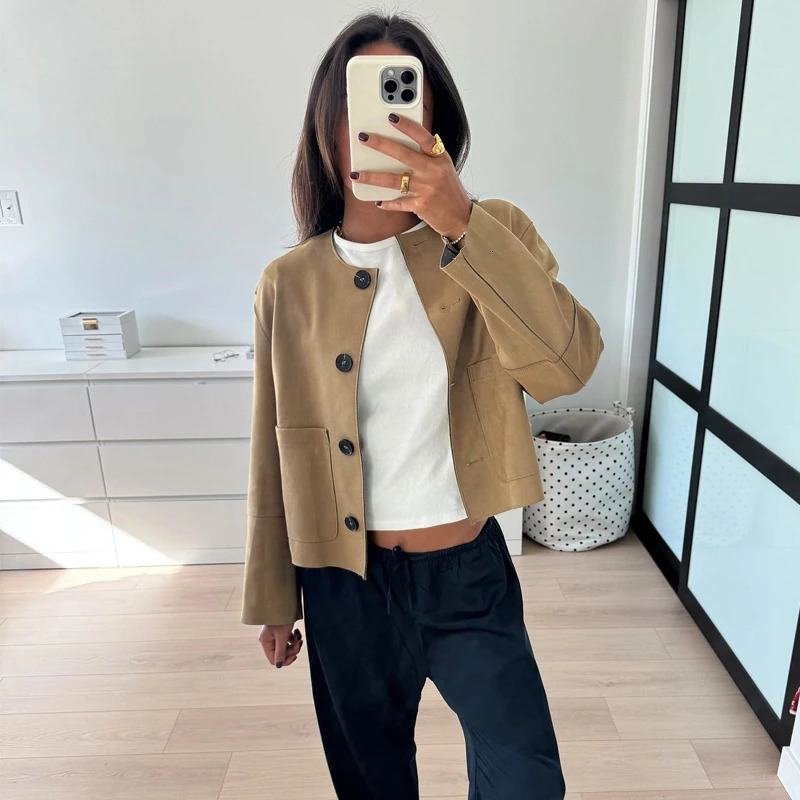 Women Suede Bomber Jacket Woman Autumn Outerwear Jackets for Women Long Sleeve Button Jacket Women Streetwear Overcoat Female 250725