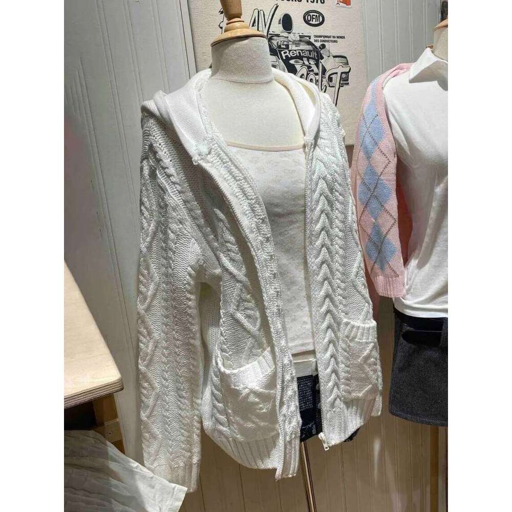 White Twisted Flower Hooded Cardigan Women Long Sleeve Zipper Pocket Knitted Outerwear Spring Casual Fashion Sweater New