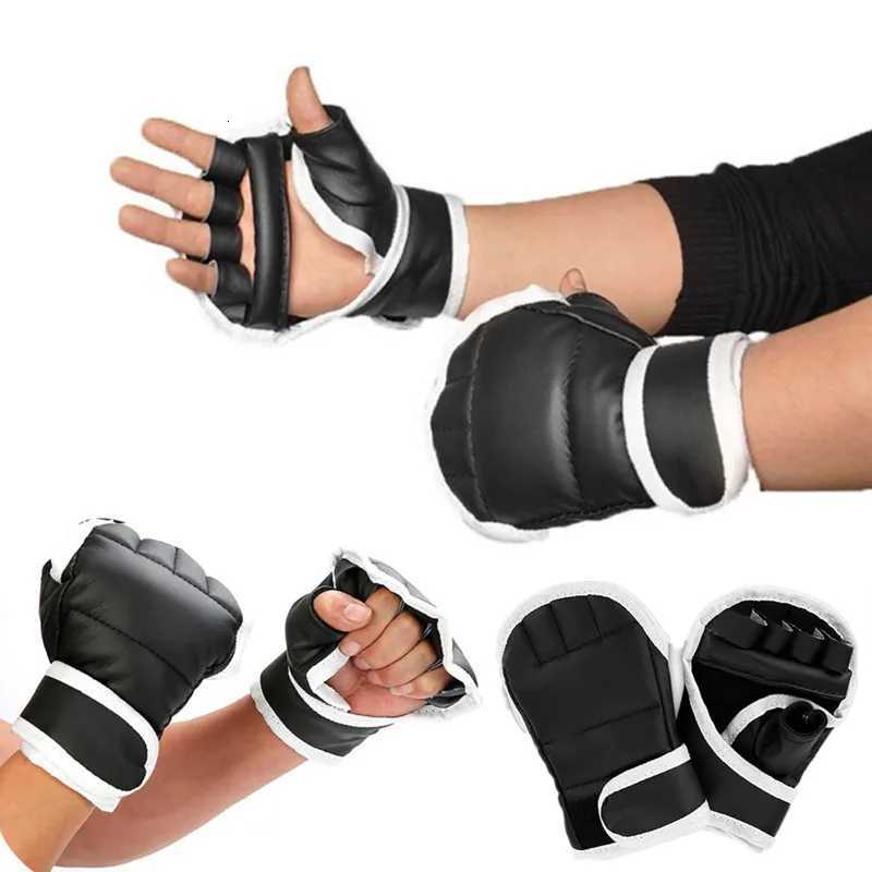1Pair Black Half Finger Boxing Gloves PU Leather Fighting Kick Boxing Gloves Karate Muay Thai Training Workout Gloves for Kids and Men XJ250802