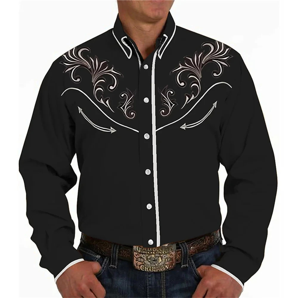 Retro Western Mens Shirts For Man Clothing 3D Printing Black Outdoor Street Button Long Sleeved Fashion Casual Blouse 250801
