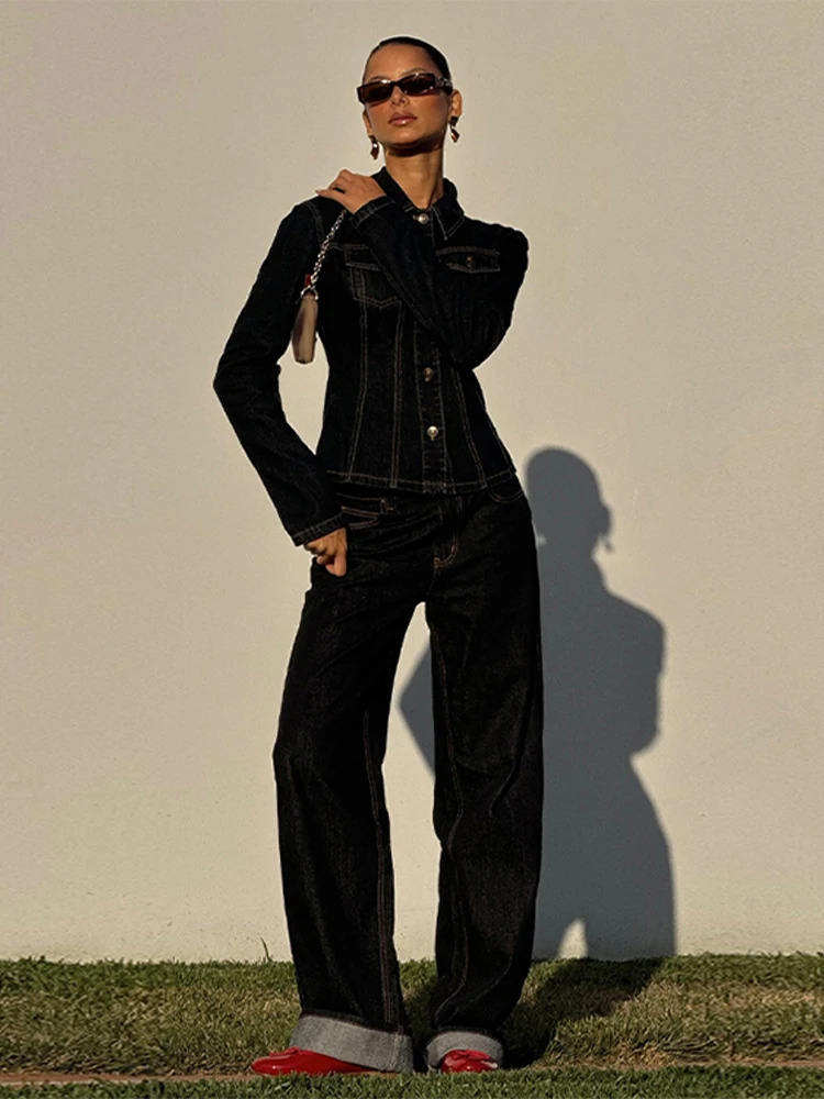 Vintage Denim Womens Suit Slim Laple Waist Cinching Full Sleeve Jacket High Waist Straight Jean Female Set Lady Matching Outfit 250728
