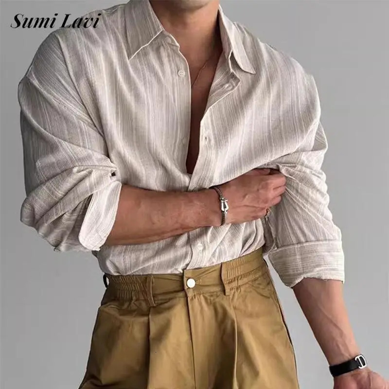 Vintage Mens Striped Printed Shirt Long Sleeve Turn-down Collar Buttoned Shirts Autumn Casual Slim Fit Men Cardigan Shirts 250801