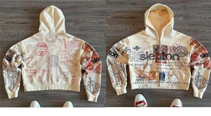 Sweatshirt Jacket Zipper Hoodie Apricot Print Letters Cartoon Fashion Multifunctional Retro Y2K High Street Mens and Womens X250802