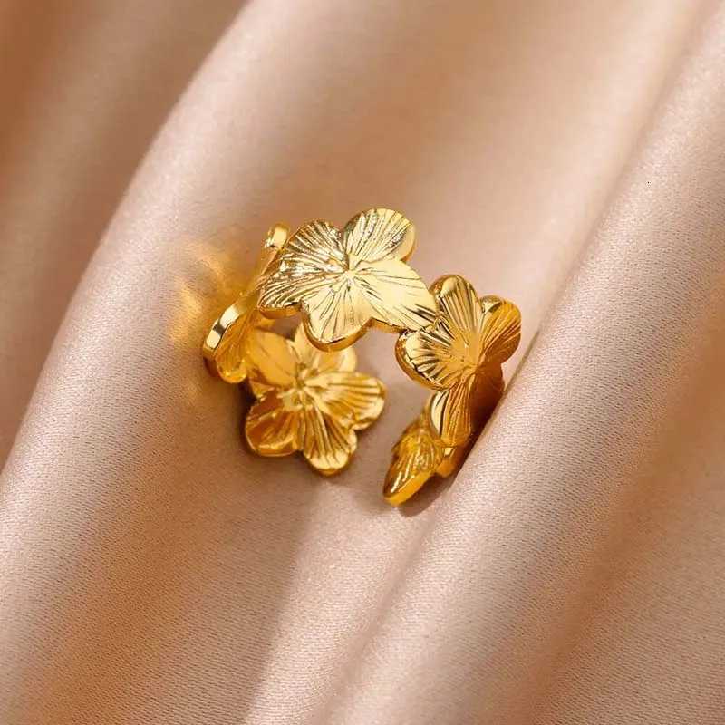 18k Gold PVD Plated Elegant Stainless Steel Big Bloom Flower Rings For Women Open Ring Finger Jewelry Wedding Gift Punk XJ250802