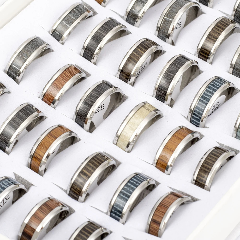 20 Pcs/Lot Wholesale Fashion Inlay Tree Timber Pattern Wood Stainless Steel Rings Jewelry For Women Men Party Gifts 250730