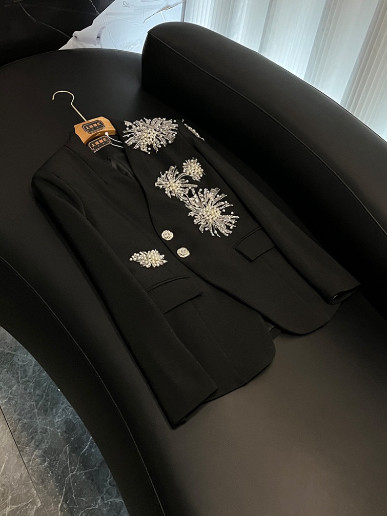 2025 Autumn Black / White Solid Color Beaded Blazers Long Sleeve V-Neck Sequins Single-Breasted Outwear Coats O4D310545 Check Size Chart Please