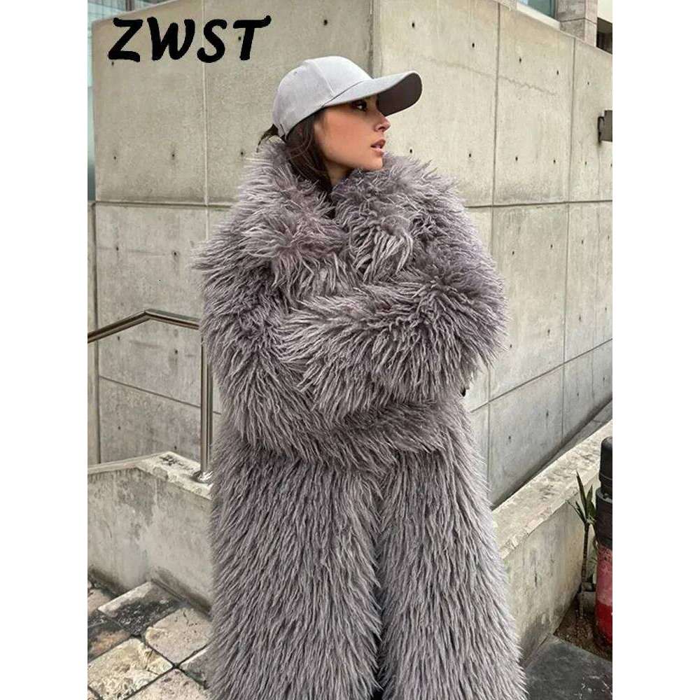 Winter Faux Fur Long Coat Women Vintage Full Sleeve Pocket Lapel Thicken Warm Outwear Female 2024 Fashion Urban Streetwear Lady