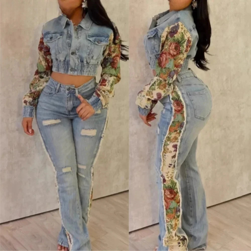 BWQ Women 2 Piece Set Outfit Fashion Pocket Ruched Print Patchwork Denim Crop Jacket High Waist Stretchy Jeans Streetwear 2025 250728