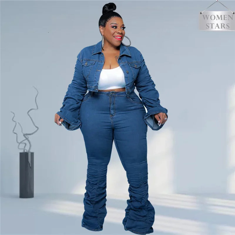 Denim Plus Size Sets Women 2 Piece Set Puff Long Sleeve Jacket Stretch Stacked Jeans Fall Winter Clothes Wholesale Drop 250728