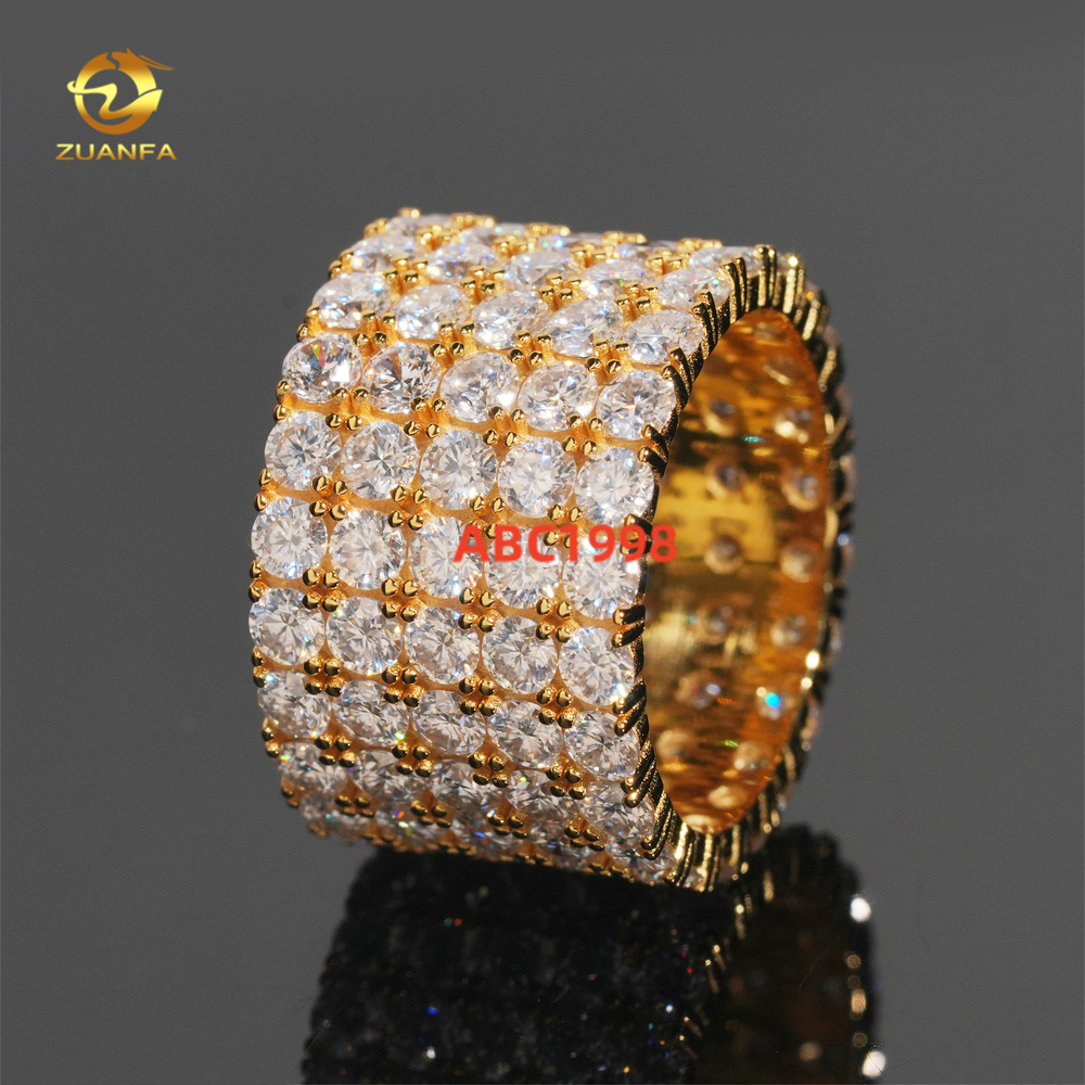 Luxury 5rows Round Moissanite Big Band Ring 925 Silver Gold Plated Hip Hop Moissanite Pass Diamond Test Rings