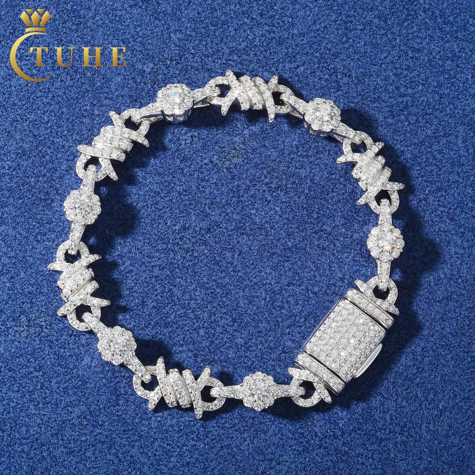 Fashion Unisex Jewelry 10mm 925 Sterling Silver VVS Moissanite Diamond Iced Out Thorns Flower Halo Link Bracelet