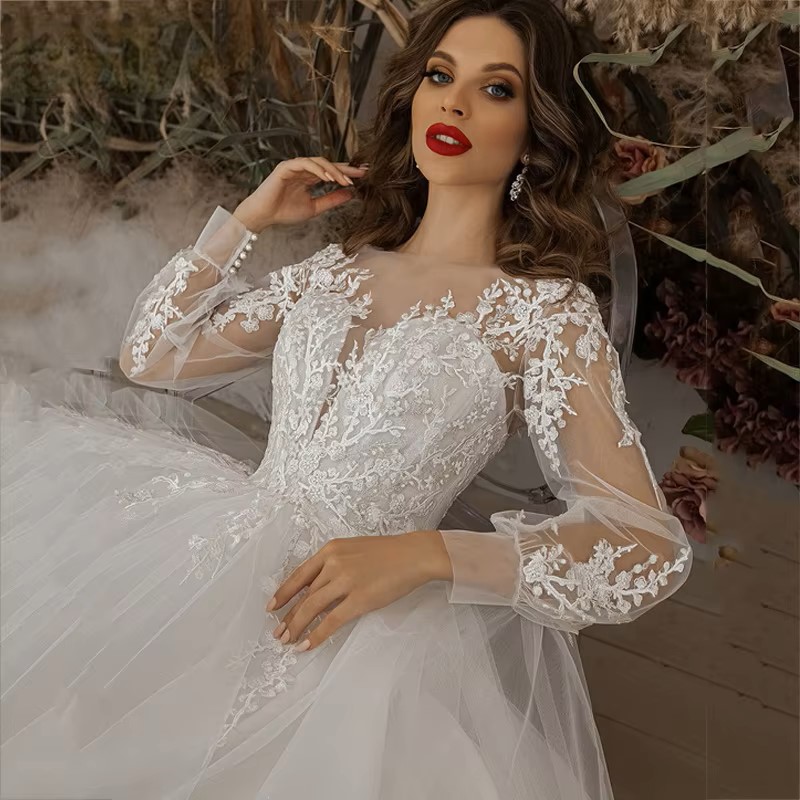 Exquisite Wedding Dress Scoop Long Sleeve Appliques Lace 3D Flowers Modern Tulle Boho Bridal Bride Party Gowns New Arrival 2025 Vestidos De Noiva