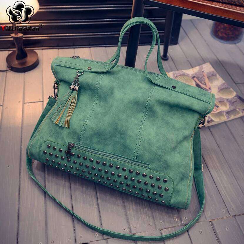 Fashion Rivet High Quality Nubuck Leather Ladies Hand Large Shoulder Bag Handbags Women Bags Designer
