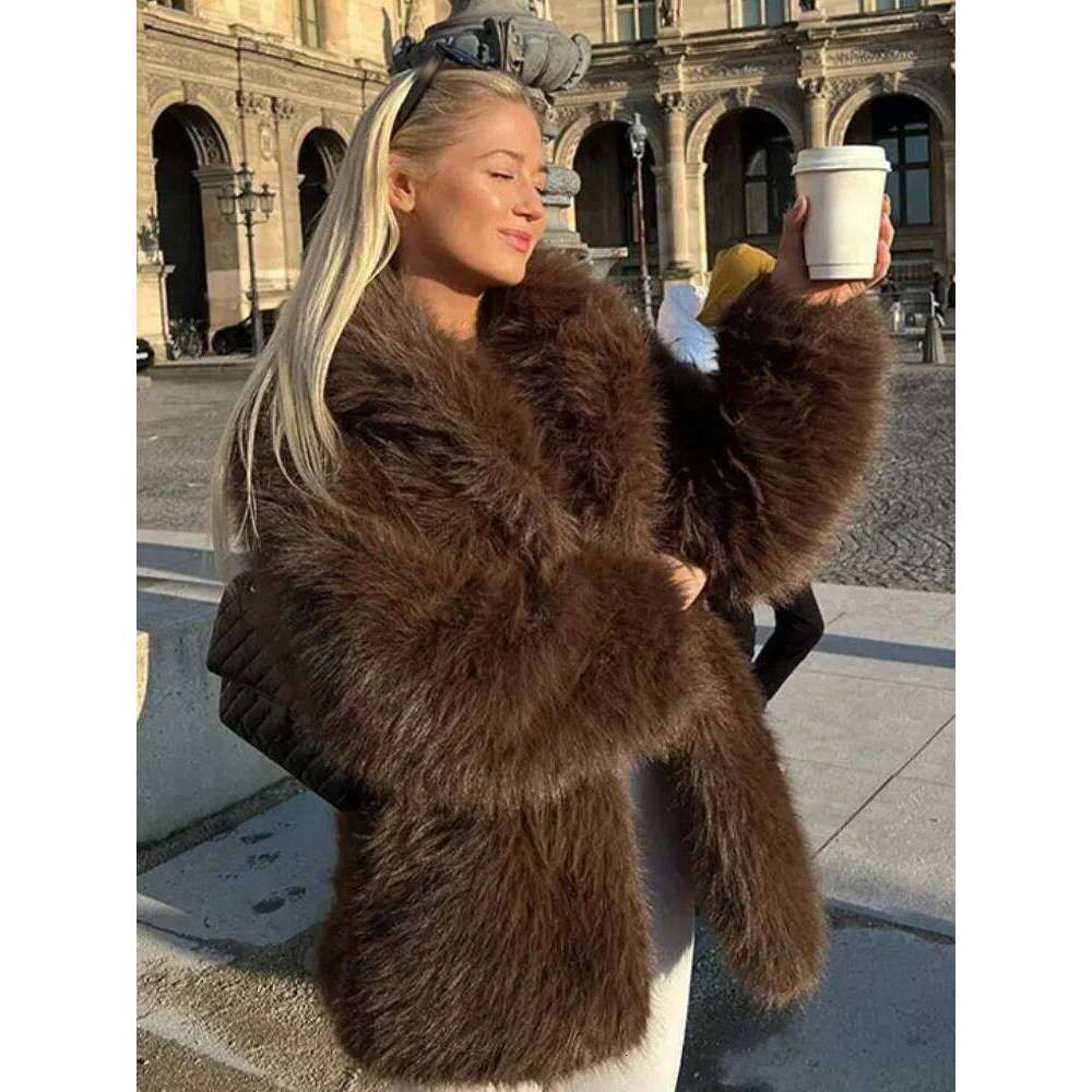 Fashion Solid Brown Faux Fur Coats Women Turn Down Collar Sleeve Warm Long Jacket Female 2024 Winter Thick Street Outerwear