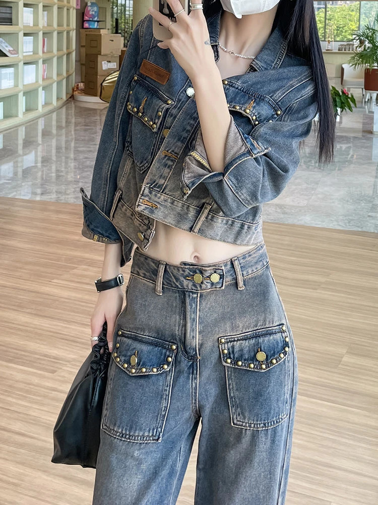 Denim Set Womens Spring Trend Personality Lapel Washed Jean Jacket Harun Trouser Fried Street 2 Piece Suit 250728