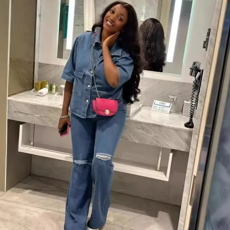 Denim Coat Suit Women 2 Piece Sets Jacket Vintage Outfits Hole Pants Distressed Button Pockets Trousers Ensemble 2025 Streetwear 250728
