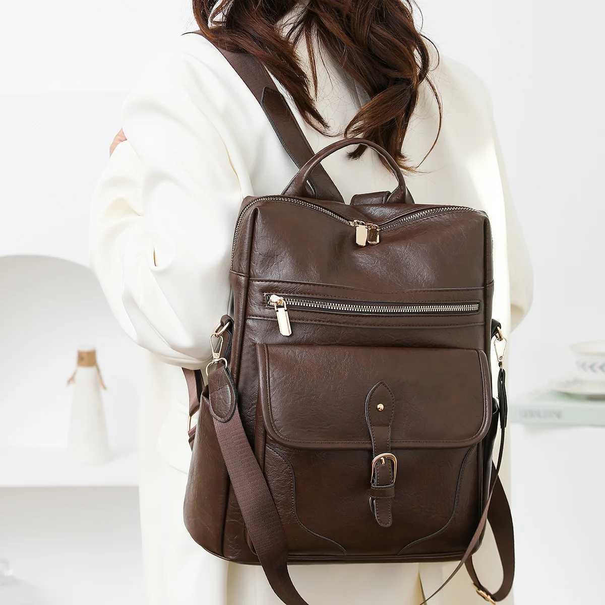 Womens Backpack PU Soft Leather with Multiple Pockets Large Capacity Business Commuting Travel Backpack Z250802